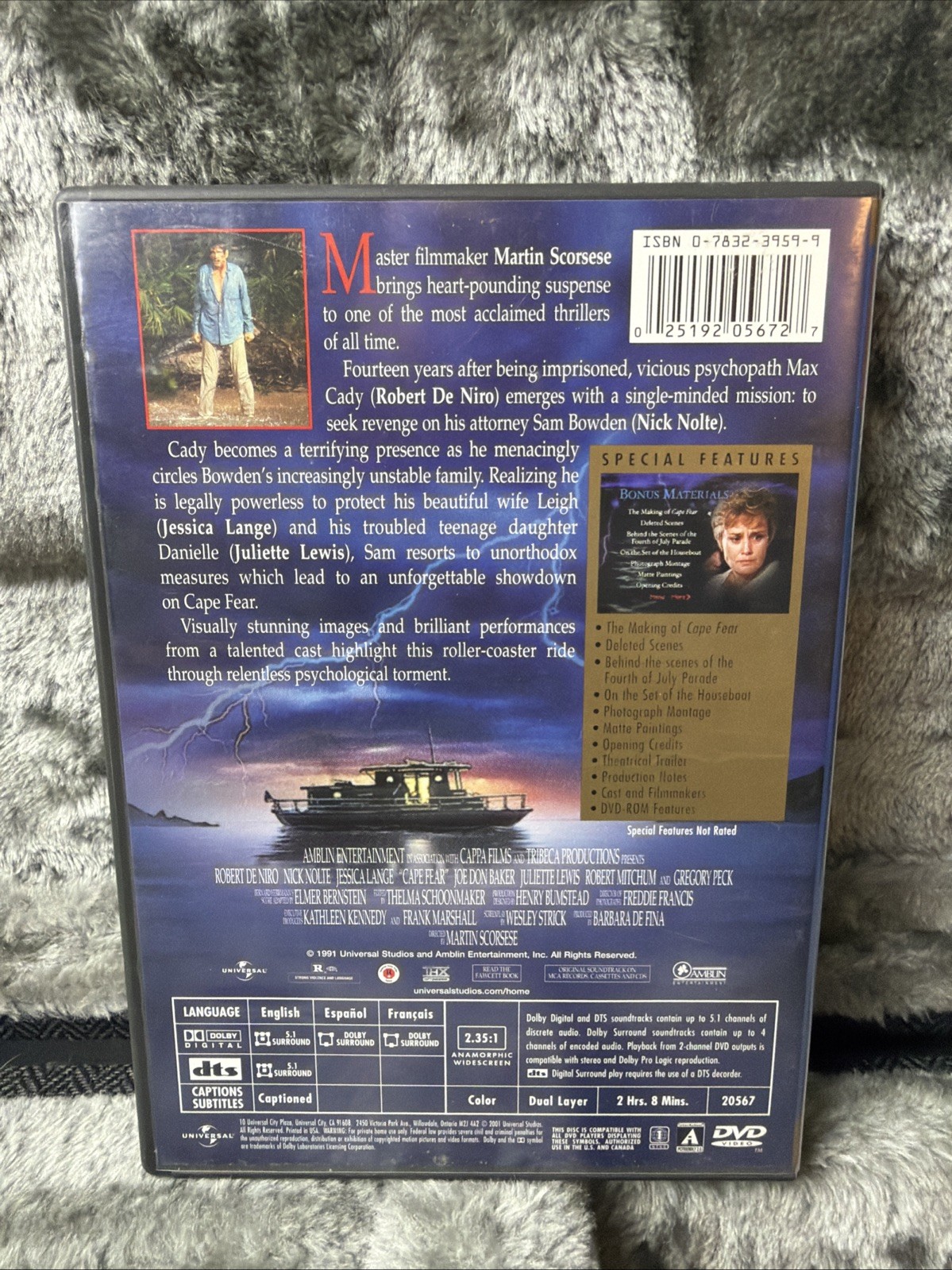 DVD – Cape Fear (1991) Robert De Niro Jessica Lange Nick Nolte Fast Shipping