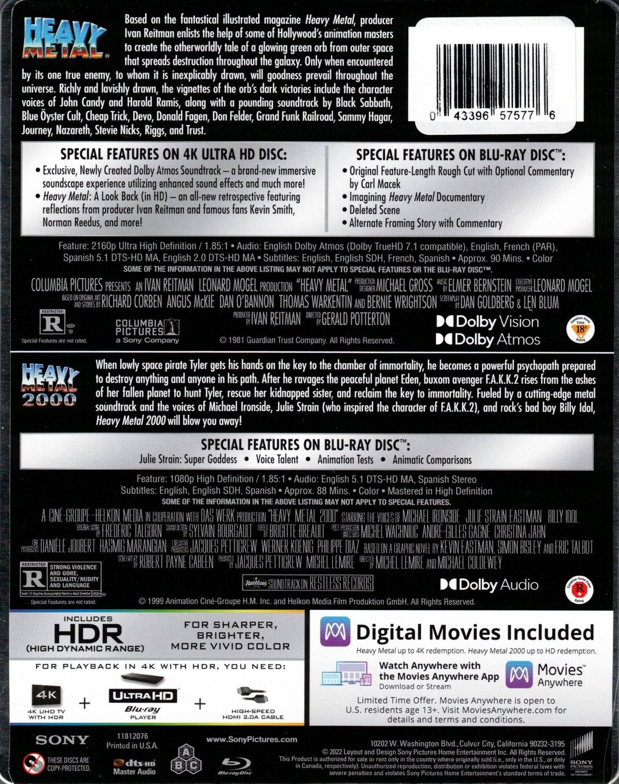 New Steelbook Heavy Metal / Heavy Metal 2000 2 Pack (4K UHD + Blu-ray + Digital)