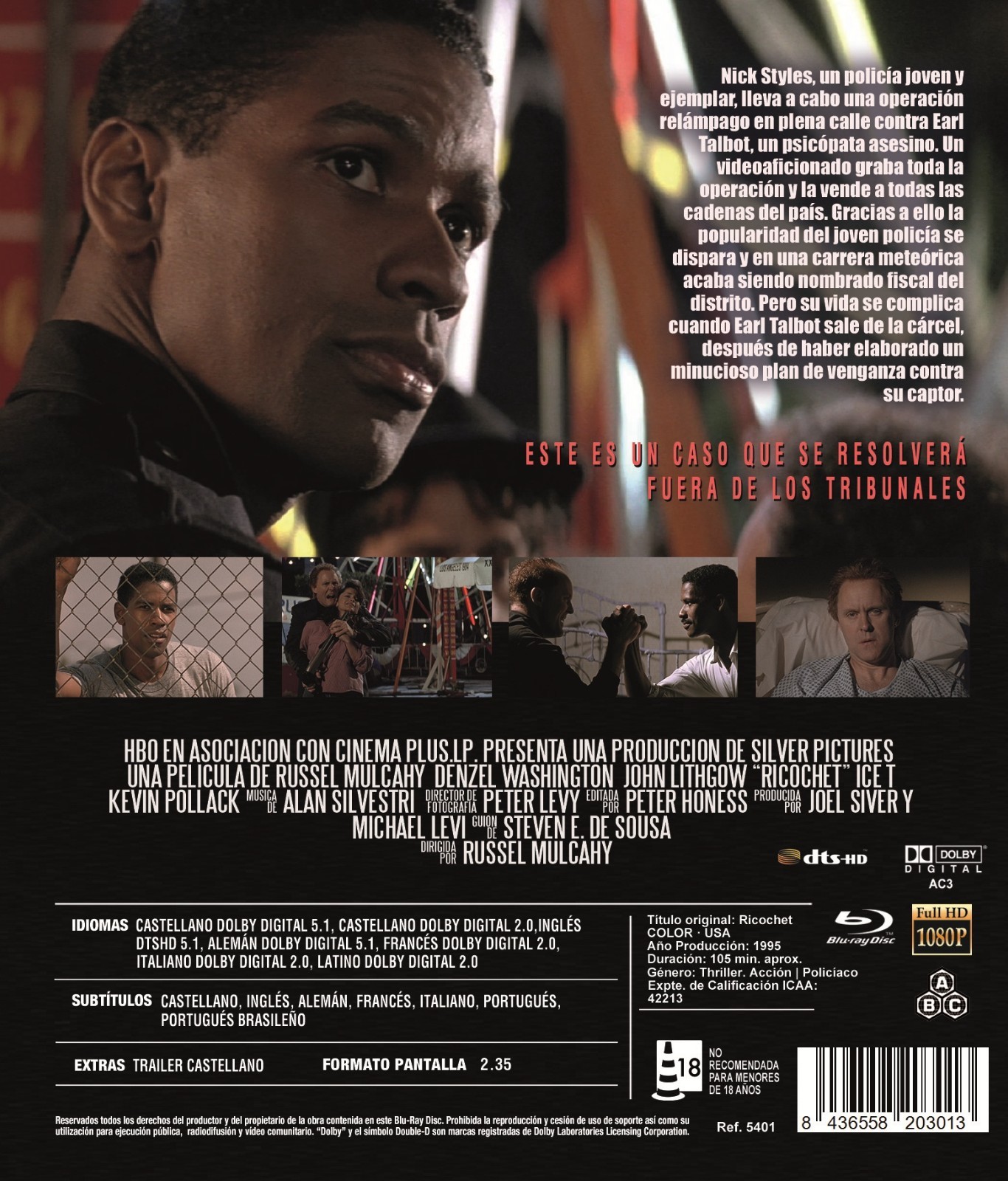 RICOCHET (1991) Denzel Washington Blu-Ray NEW (Spanish Package/English Audio)