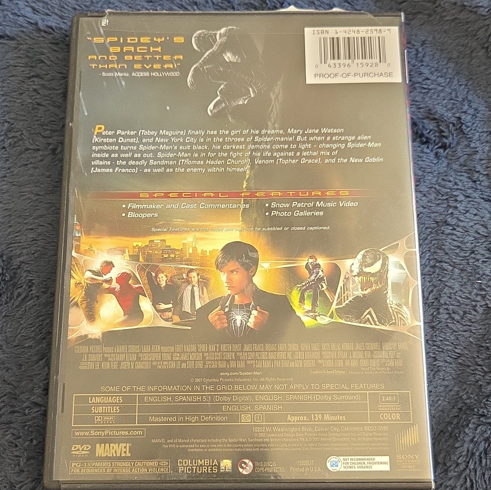 Sony Pictures Spider-Man 3 DVD Widescreen PG-13 2007 139min Commentary