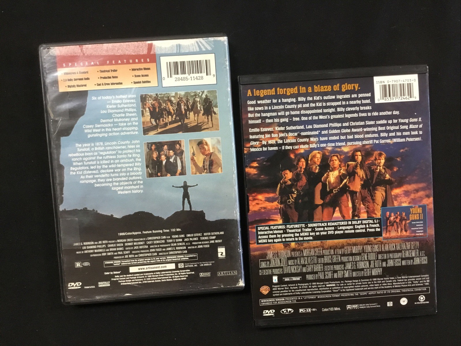 Young Guns 1 & 2 DVD Lot- Westerns- Emilio Estevez Charlie Sheen 1988/1990