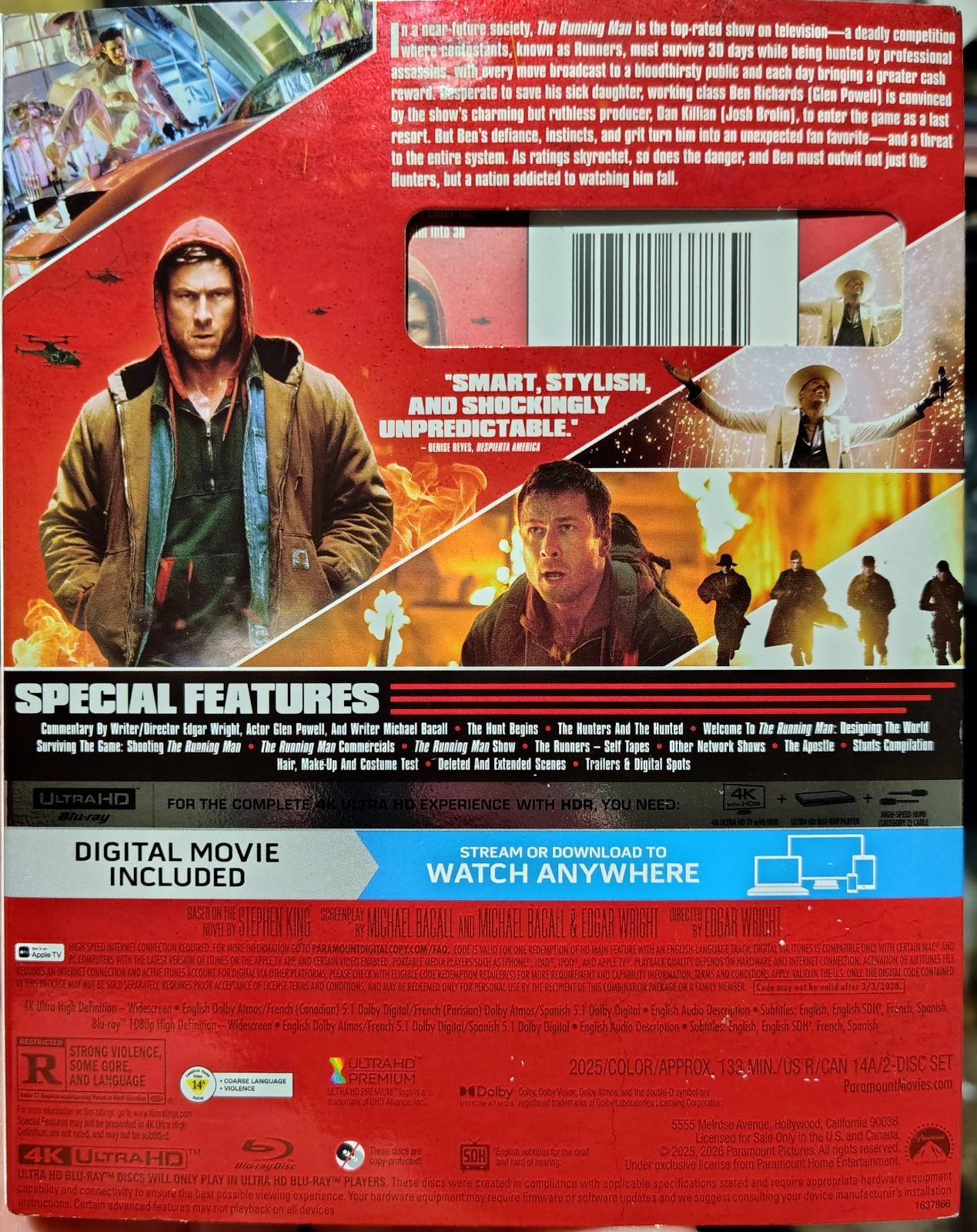 The Running Man (4K UHD + Blu-Ray + Digital, 2026) NEW W/DAMAGED SLIPCOVER