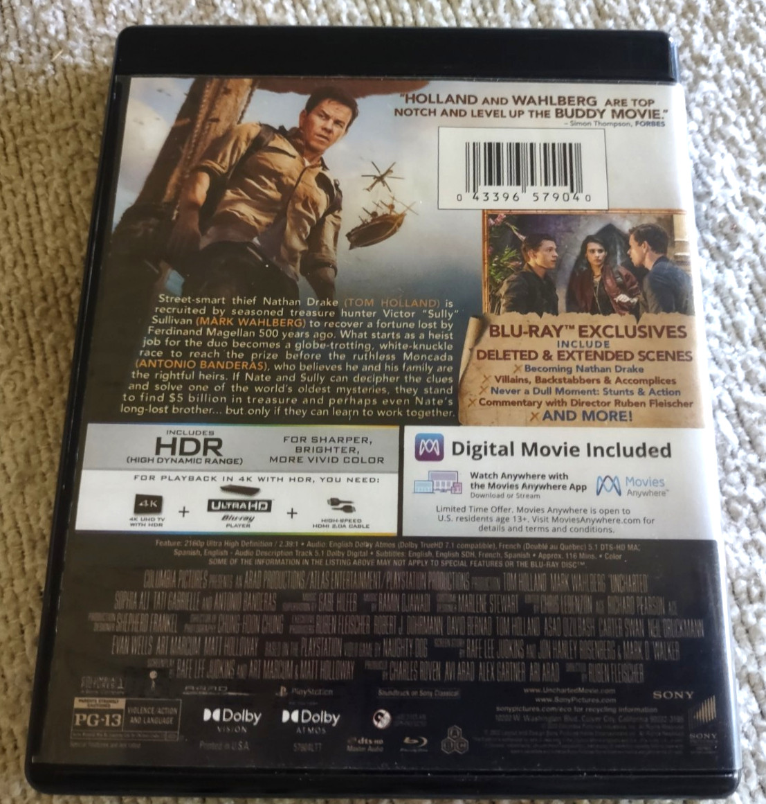 Uncharted 4K Ultra HD + Blu-ray Tom Holland Mark Wahlberg VG+ Discs