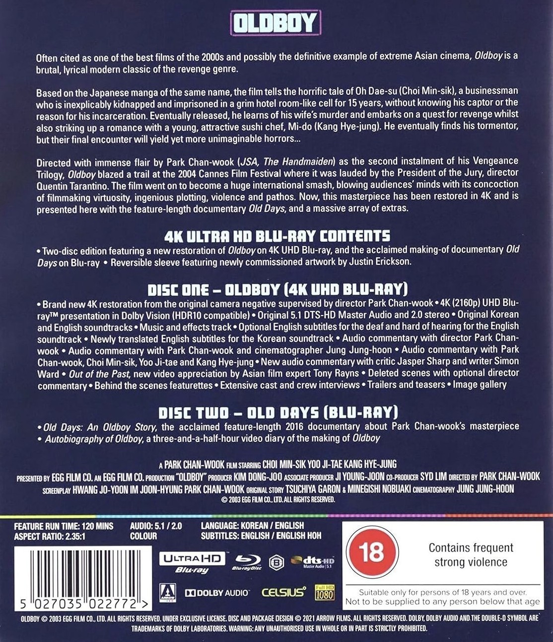 Oldboy (2003) 4K UHD Blu-Ray BRAND NEW Free Ship (4K disc is USA Compatible)