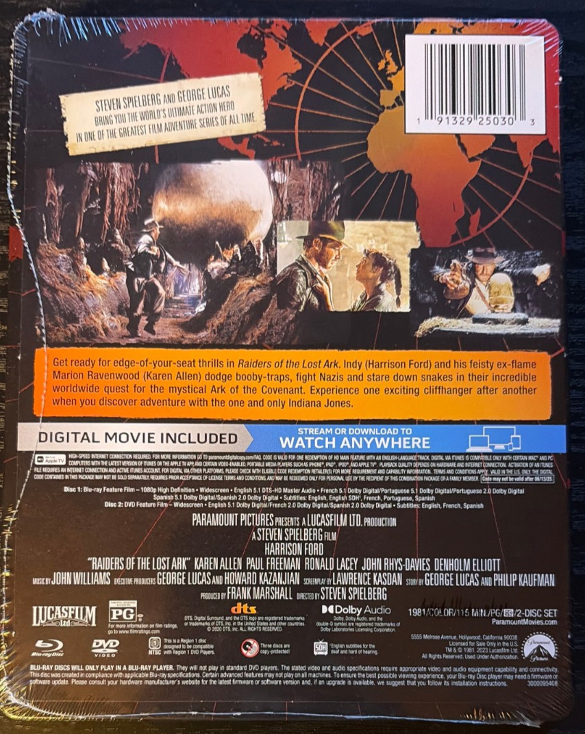 NEW Raiders of the Lost Ark Steelbook DVD/BluRay/Digital 2 Discs Indiana Jones