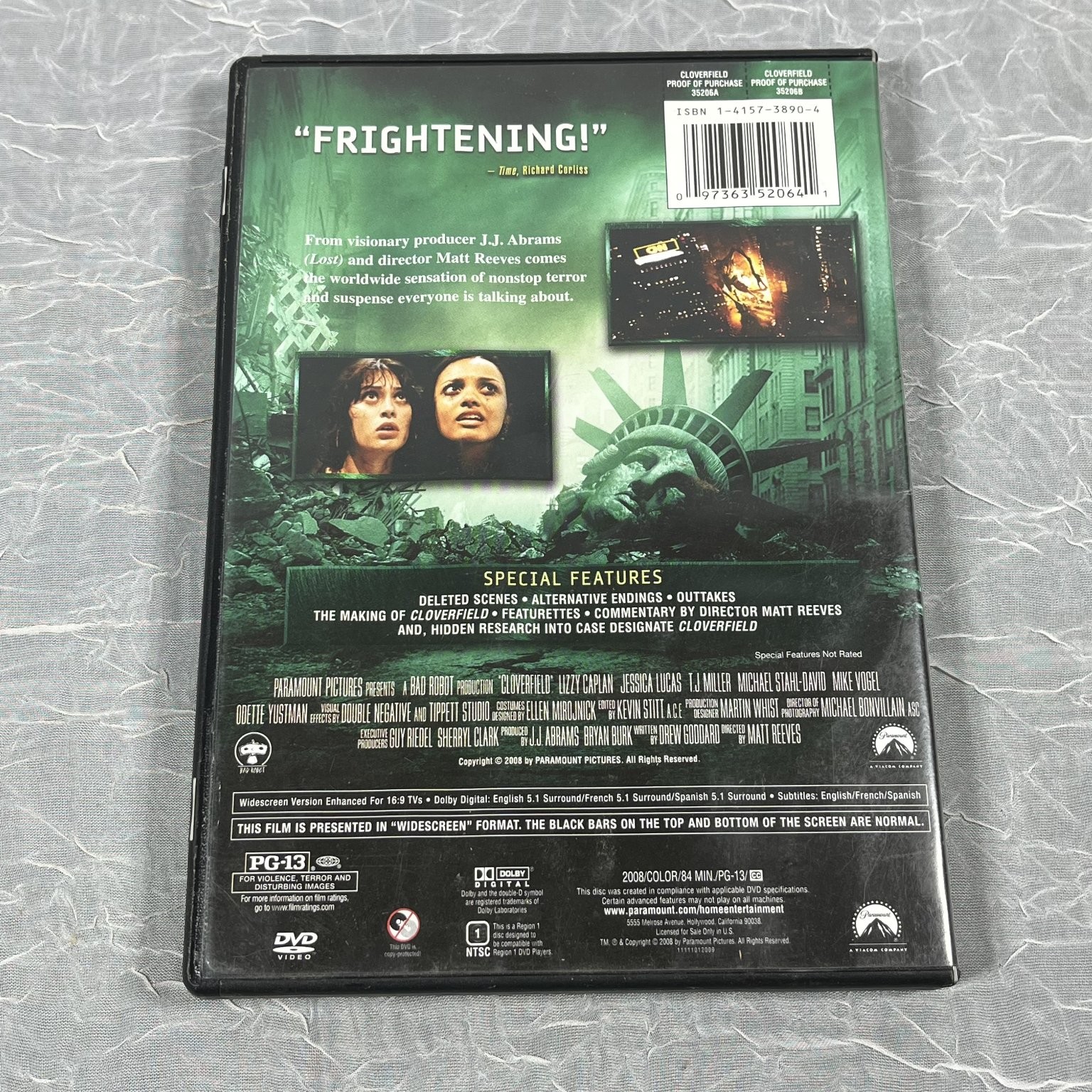 Cloverfield DVD 2008 Widescreen Director Matt Reeves J.J. Abrams
