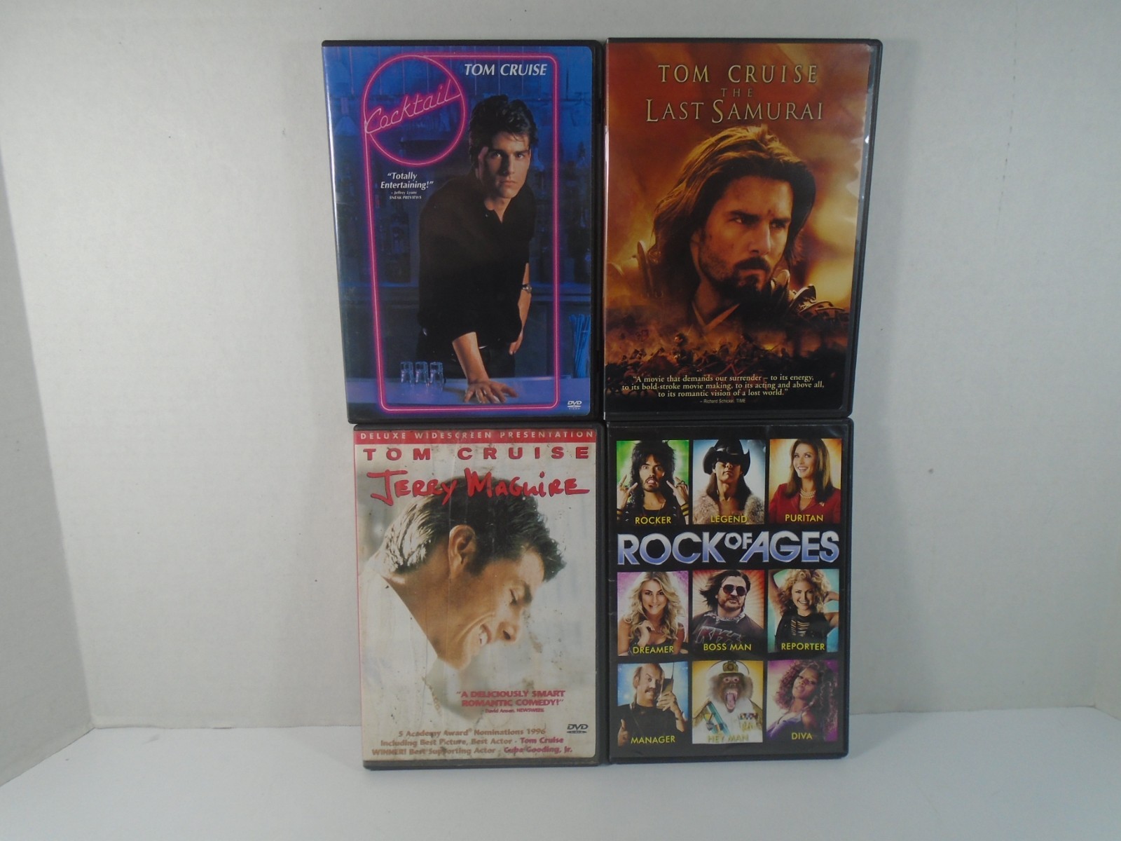 4–TOM CRUISE MOVIES DVDS–ROCK OF AGES–COCKTAIL–JERRY MAGUIRE–LAST SAMURAI