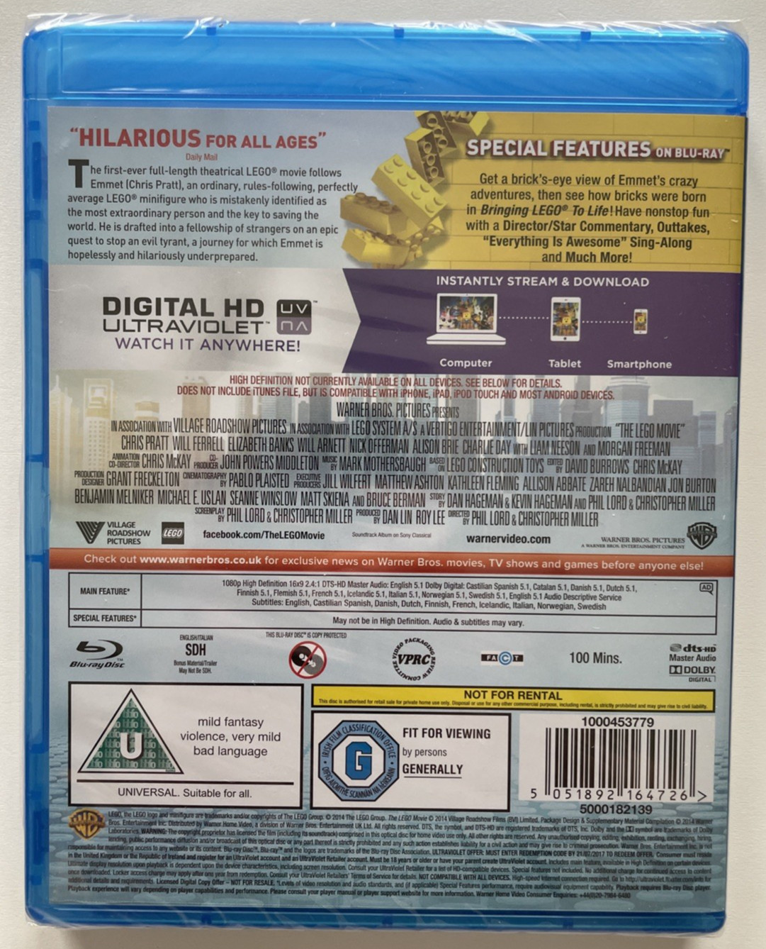 The Lego Movie (Blu-ray, 2014) Chris Pratt, Will Ferrell w/Slipcover NEW SEALED
