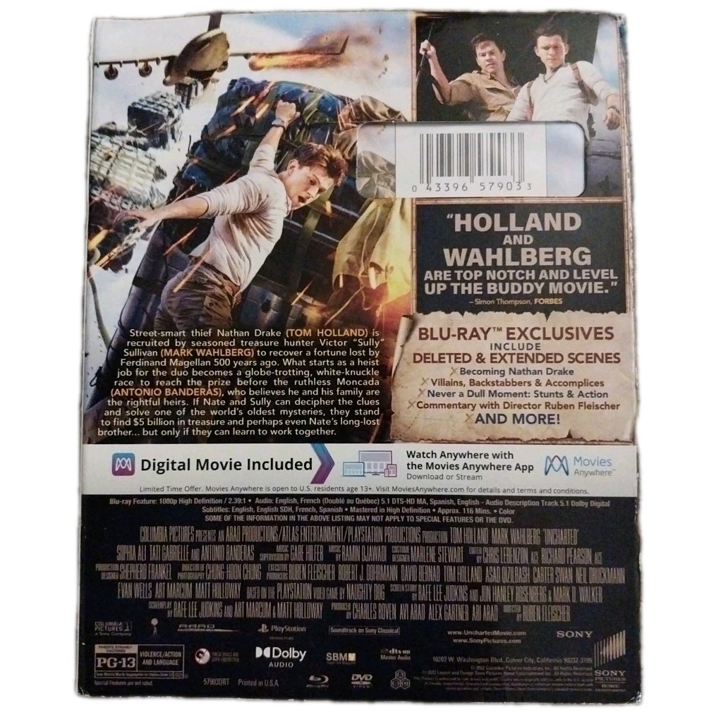 NEW – Uncharted (BLU-RAY + DVD + DIGITAL, 2022) Tom Holland & Mark Wahlberg