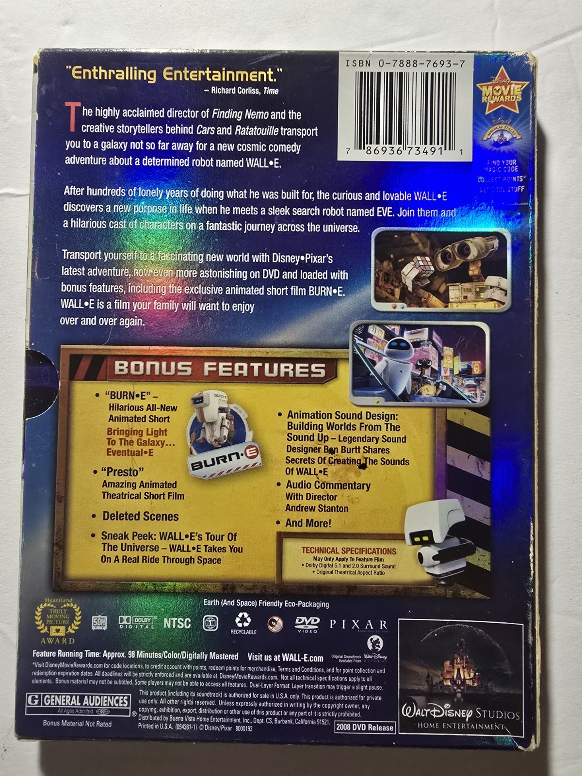 Disney Pixar WALL-E DVD NTSC G 2008 99 min Deleted Scenes Commentary Bonus