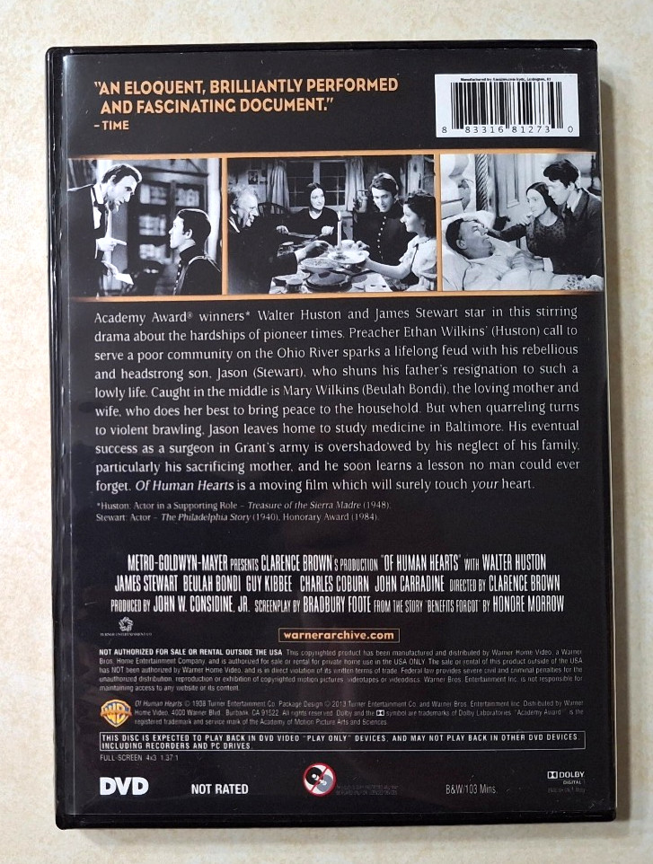 Of Human Hearts DVD 1938 Warner Archive Collection James Stewart Walter Huston