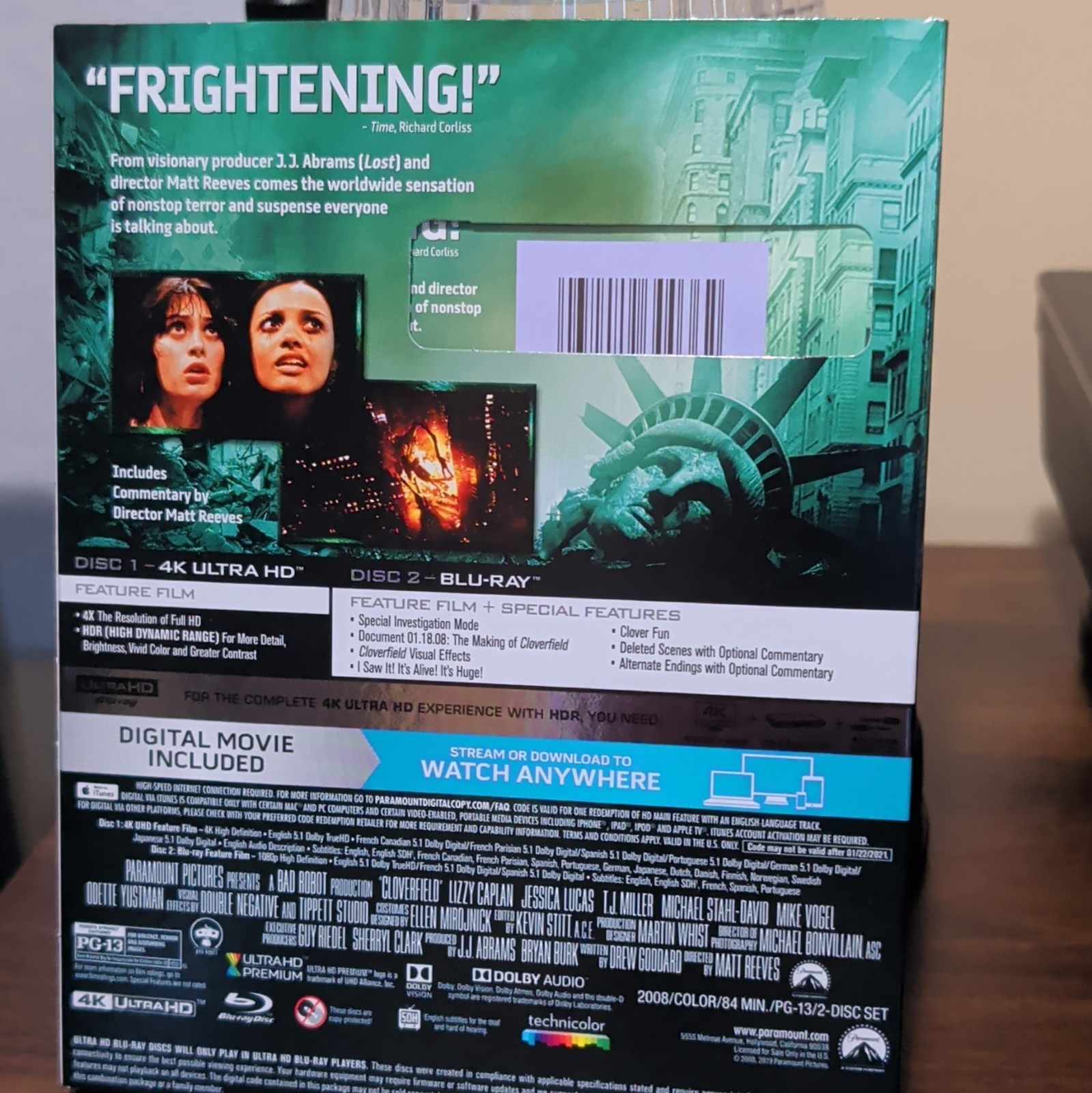 Paramount Cloverfield 4K UHD Blu-ray HDR Matt Reeves Director PG-13 2008