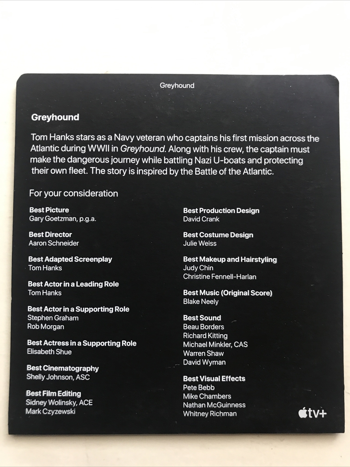 GREYHOUND (2022) APPLE TV+ FYC Tom Hanks Screener BLU-RAY