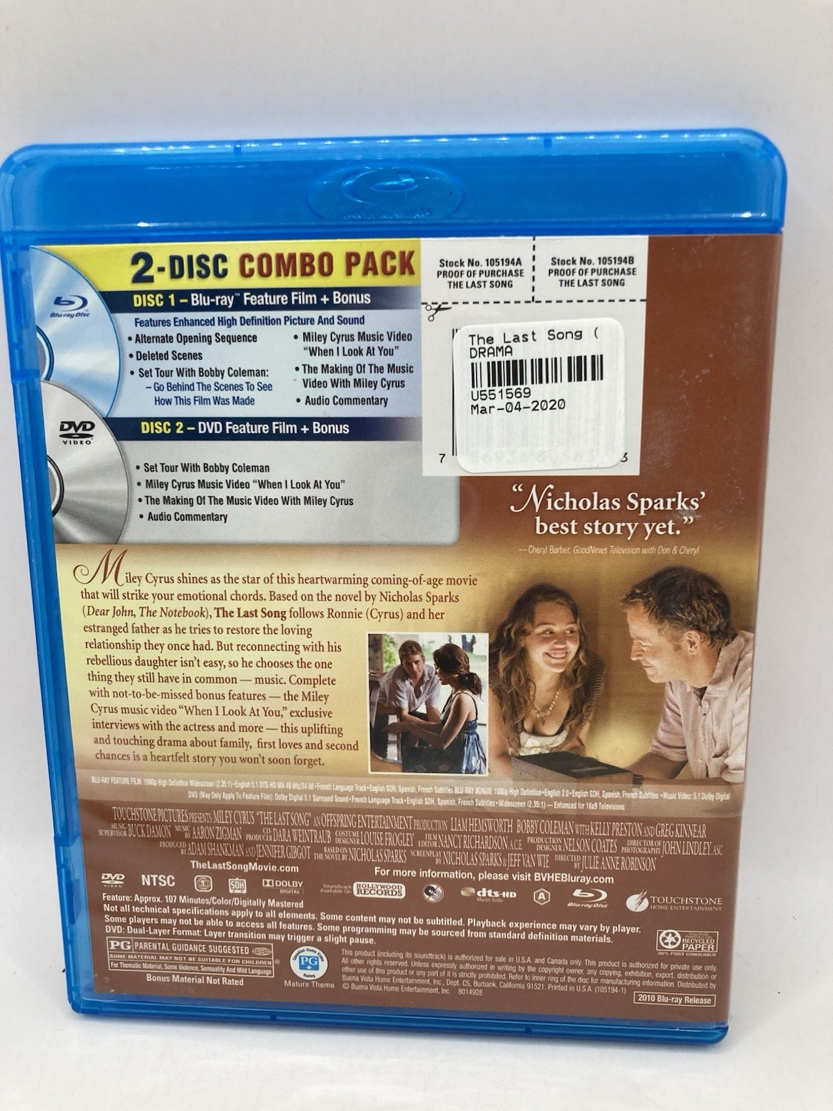 2010 The Last Song (Blu-ray ONLY) Miley Cyrus, Liam Hemsworth 107 Min