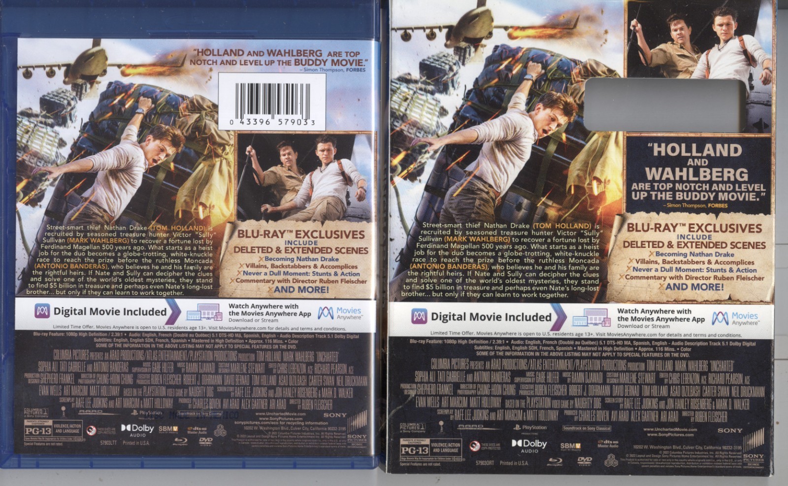 Uncharted (2022) R1 DVD + Blu-ray A + Digital Mark Wahlberg Tom Holland Banderas