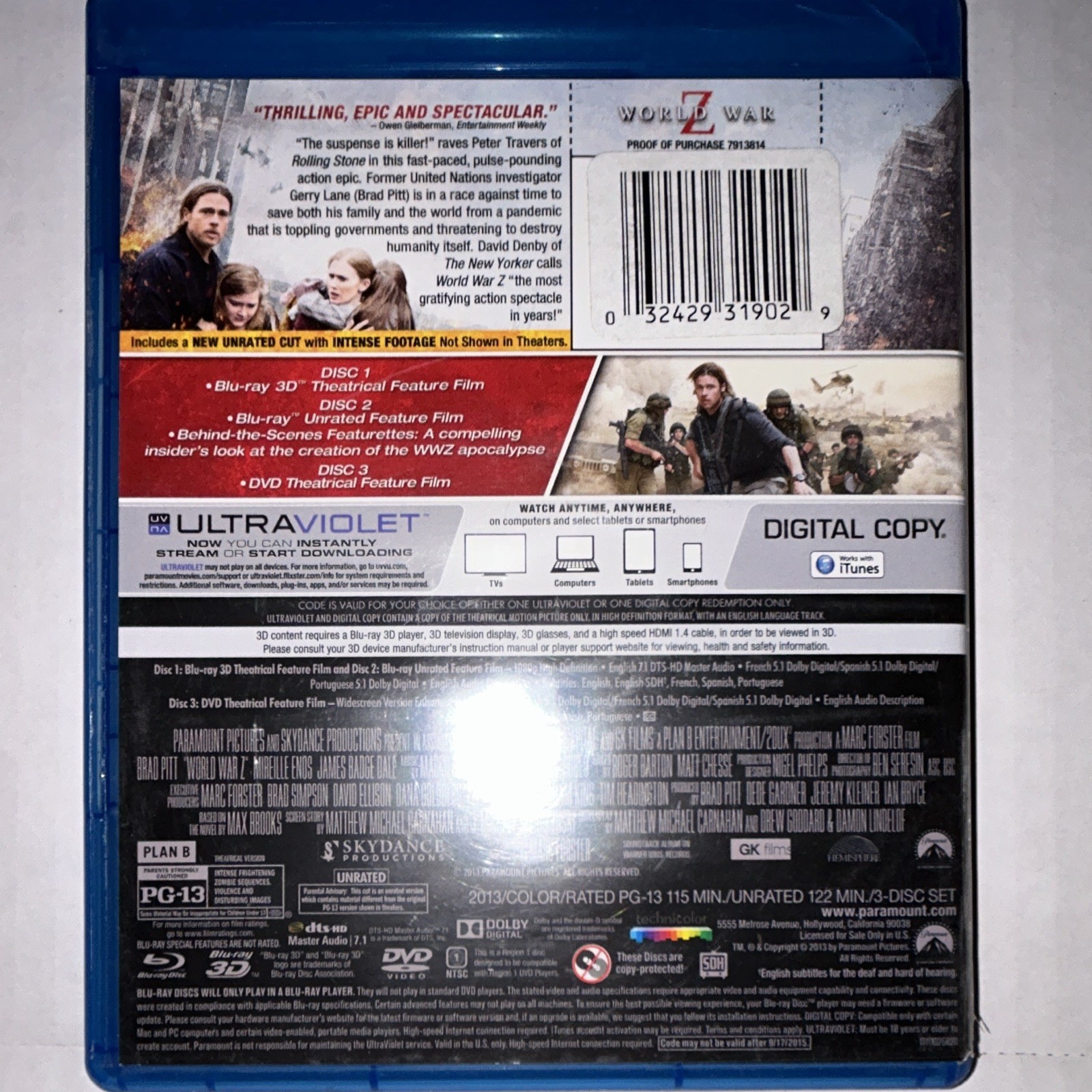 Paramount World War Z Blu-ray 3D (2013) PG-13 Thriller 115 min Brad Pitt