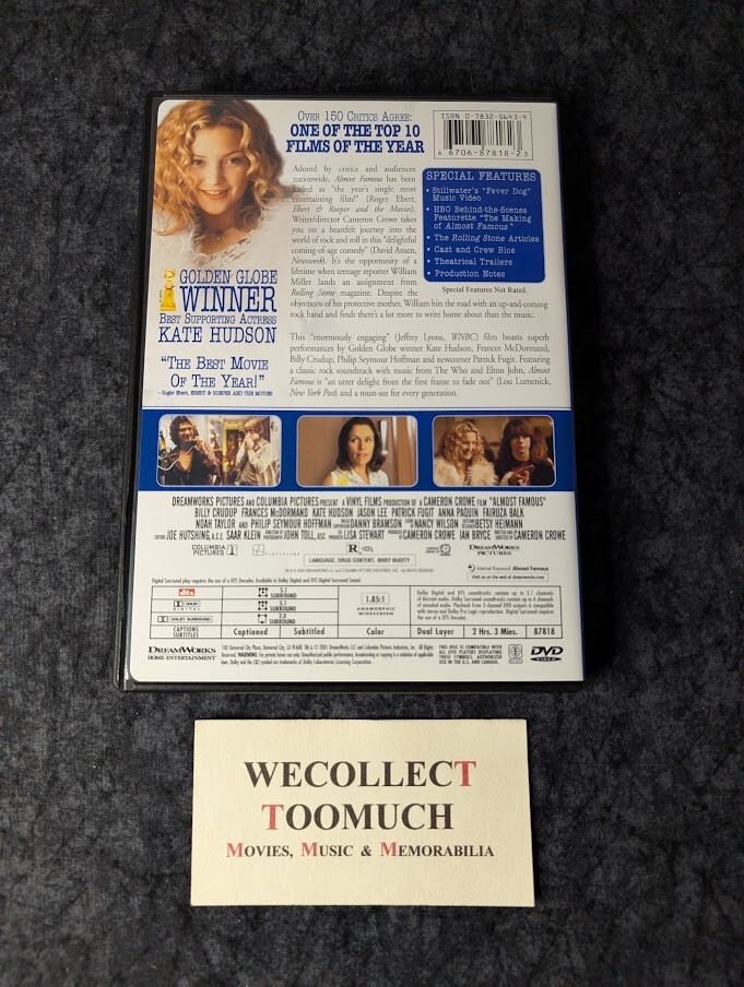 Almost Famous 2000 DVD 2001 Dreamworks Widescreen Billy Crudup Kate Hudson *