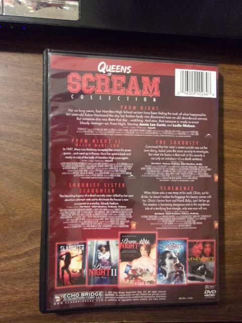 QUEENS OF SCREAM COLLECTION~2015 VG/C DVD~PROM NIGHT 1 & 2~THE SORORITY~VEHEMENC