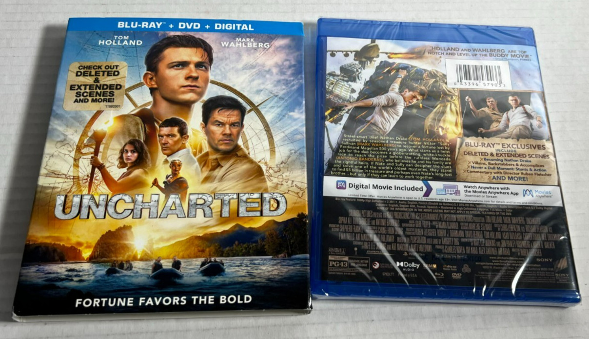 Uncharted 2022 Blu-ray DVD Digital Tom Holland Mark Wahlberg SEALED w/ Slipcover