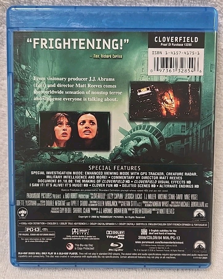 Cloverfield (2008 Paramount Pictures Blu-ray, Matt Reeves, PG-13, Suspense)