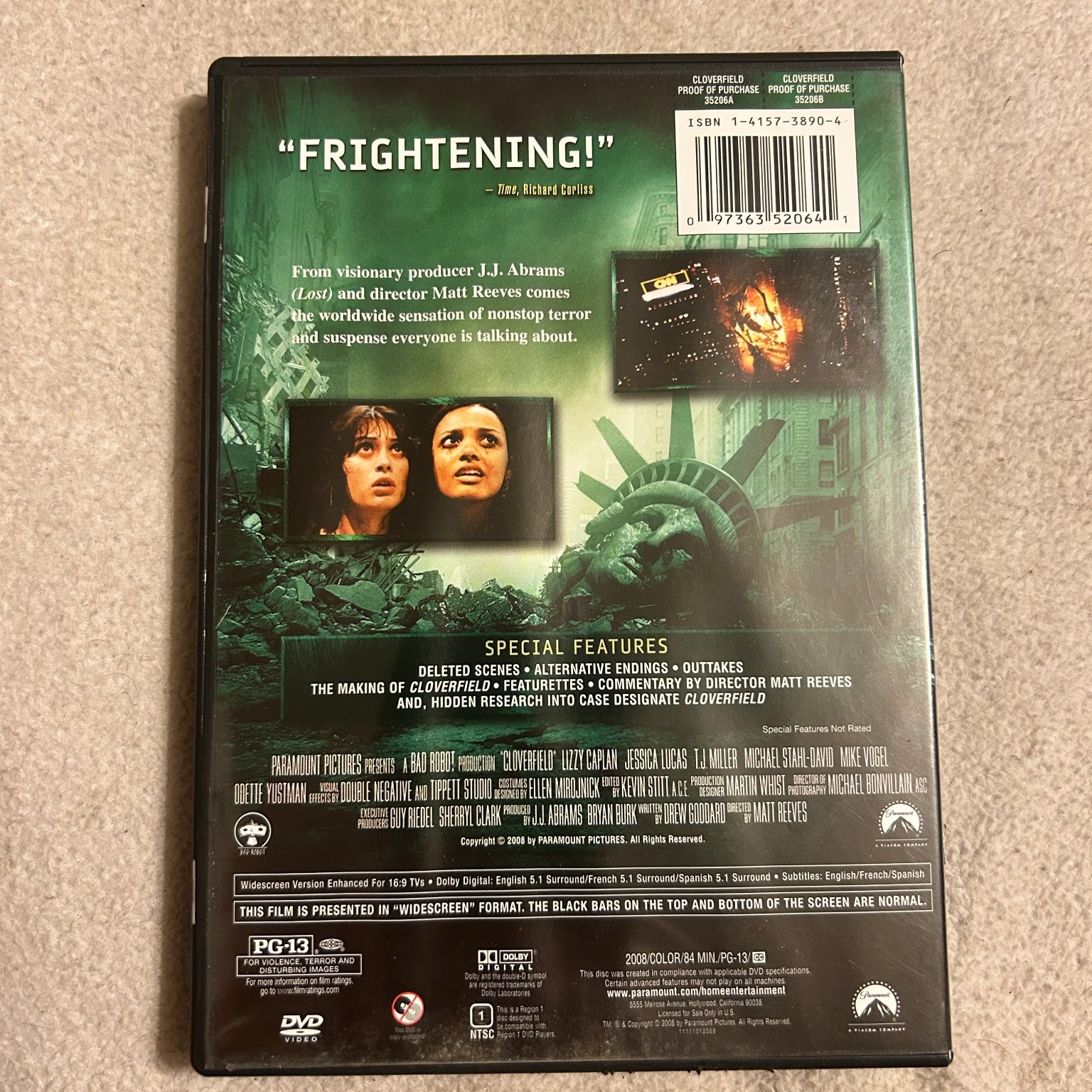 Cloverfield DVD 2008 J.J. Abrams Matt Reeves Widescreen PG-13 Horror Thriller