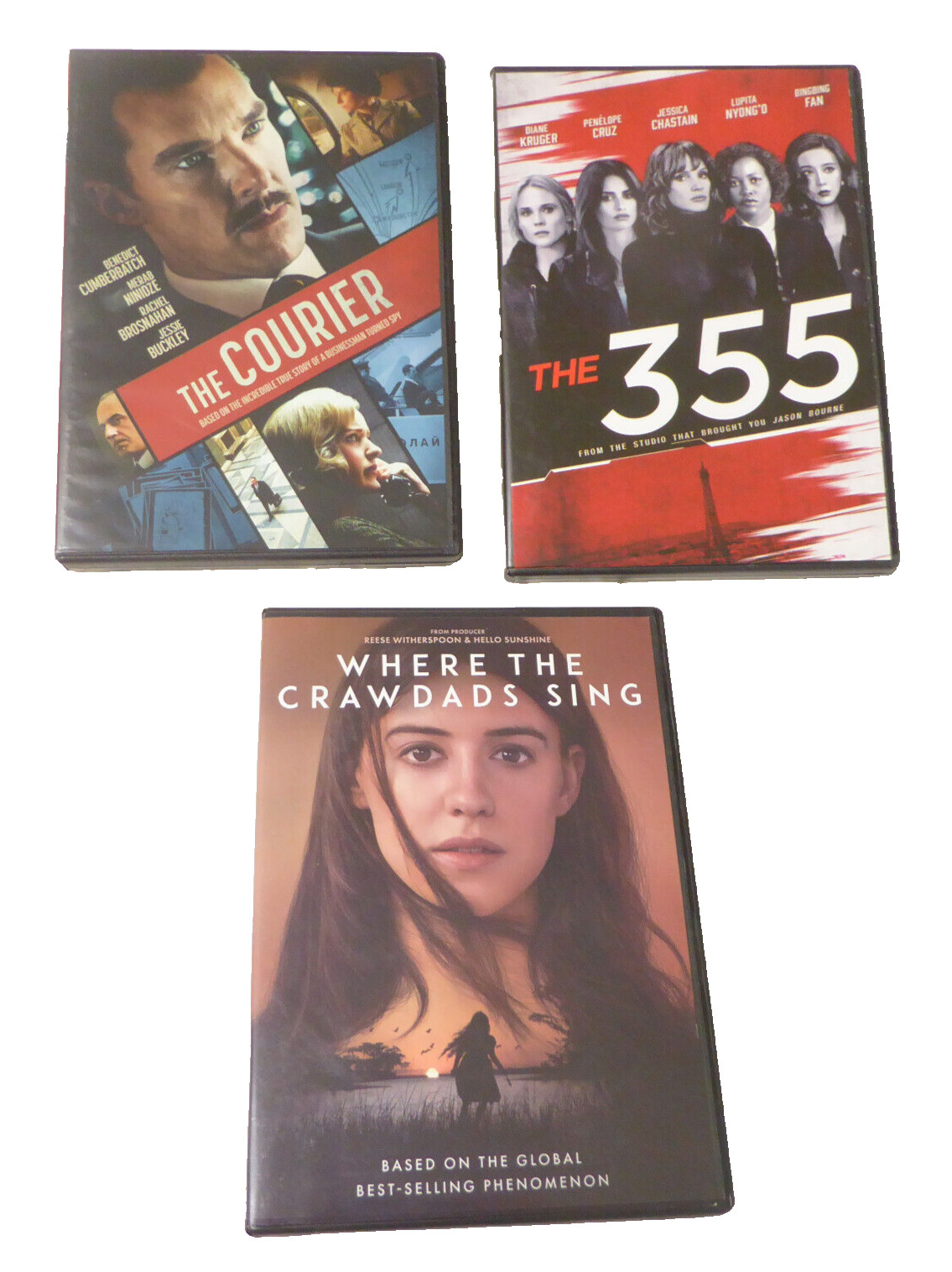 3 DVD Collection · Like New · Where The Crawdads Sing · The 355 · The Courier