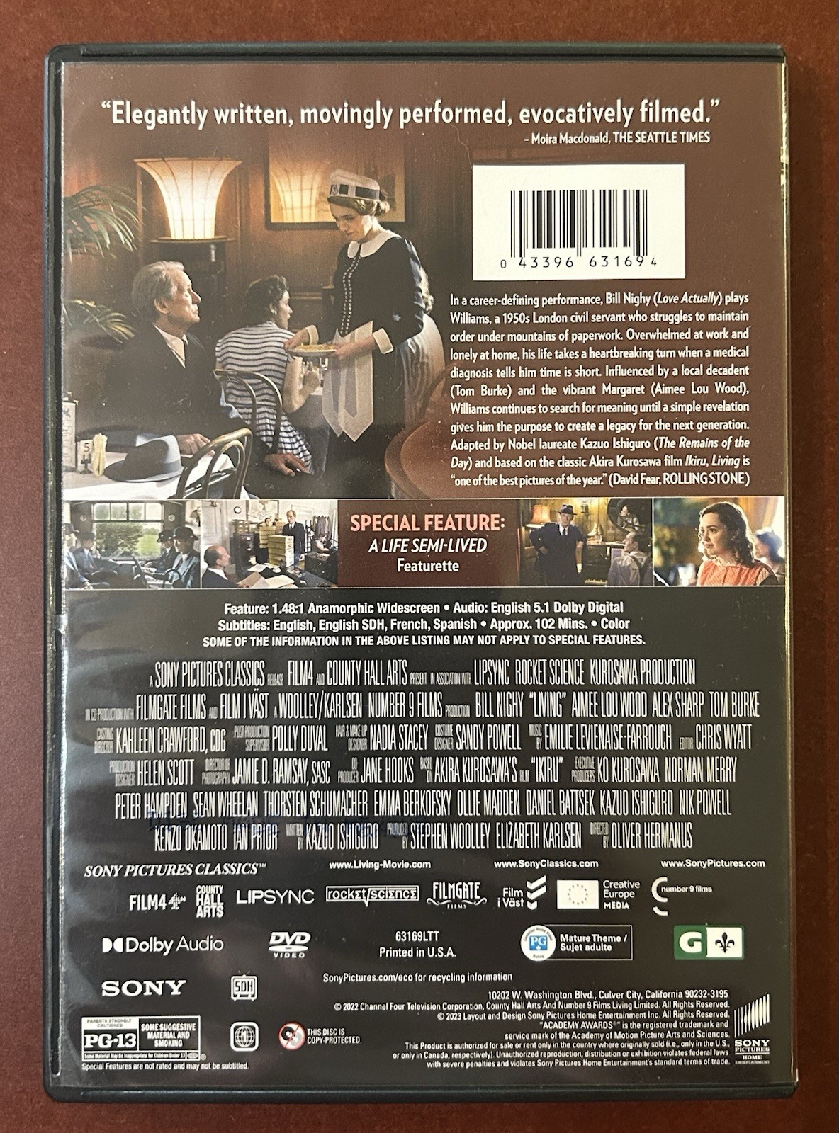 Bill Nichy LIVING Movie DVD PG-13 Sony English 102 mins Academy Awards Excellent