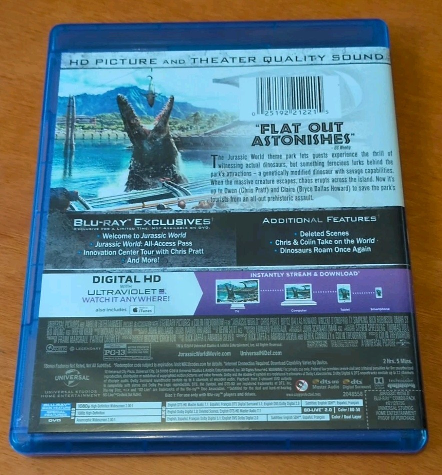 Jurassic World blu-ray Chris Pratt Bryce Dallas Howard Colin Trevorrow